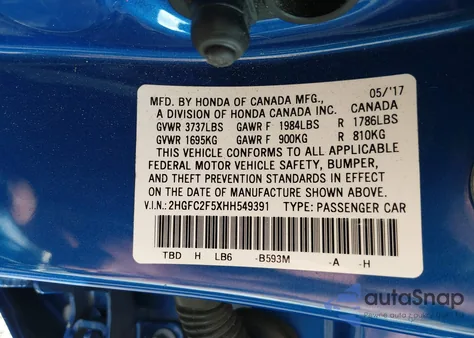 2017 Honda Civic Lx from USA, damaged, VIN 2HGFC2F5XHH549391